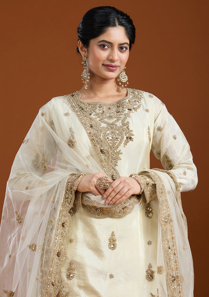 Off White Raw Silk Gold Zariwork Straight Kurta With Palazzo And Dupatta