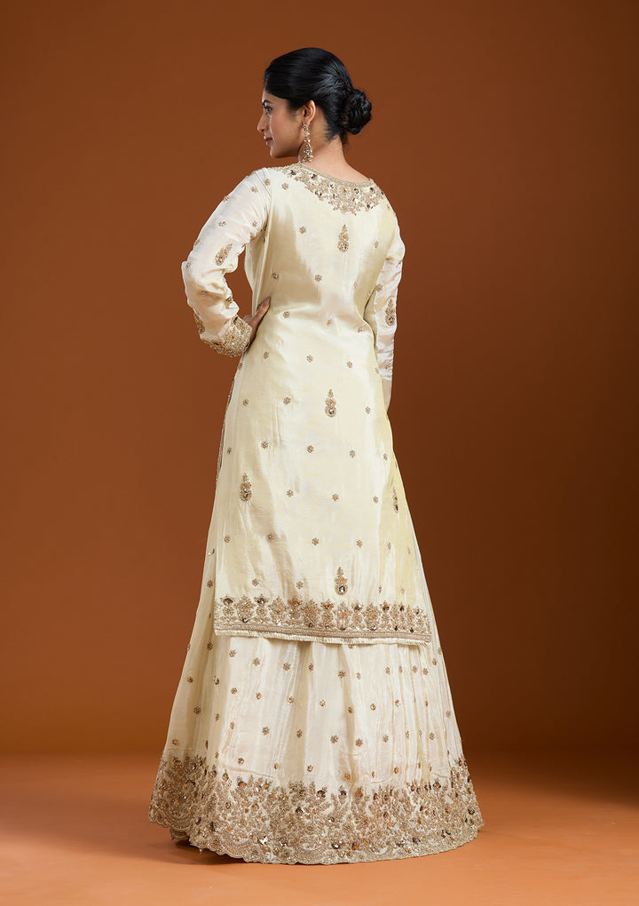 Off White Raw Silk Gold Zariwork Straight Kurta With Palazzo And Dupatta