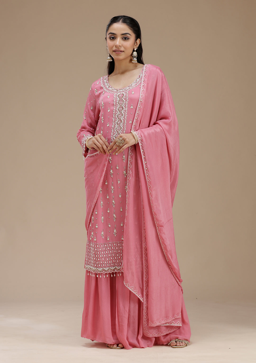 Pink Cutdana Crepe Readymade Salwar Suit