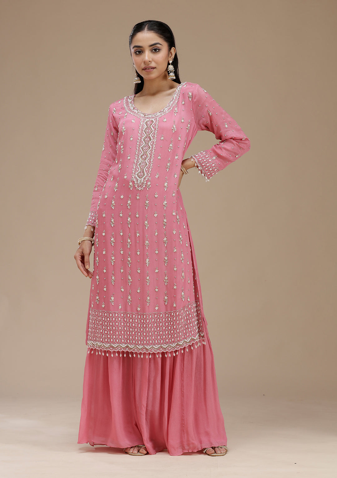 Pink Cutdana Crepe Readymade Salwar Suit
