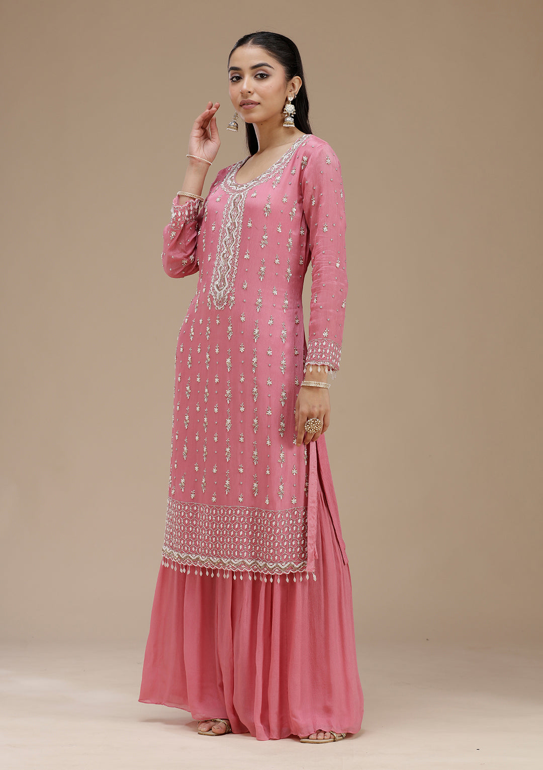 Pink Cutdana Crepe Readymade Salwar Suit