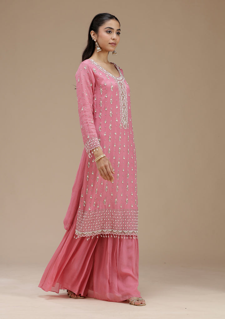 Pink Cutdana Crepe Readymade Salwar Suit