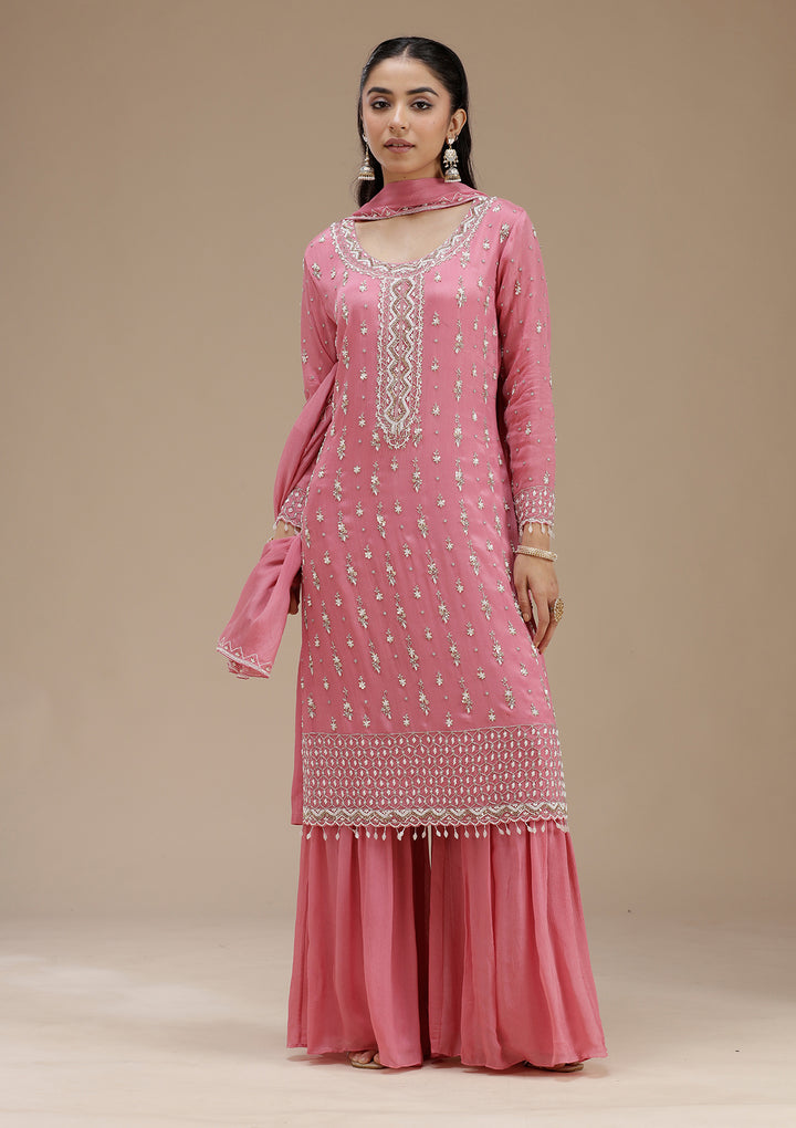 Pink Cutdana Crepe Readymade Salwar Suit