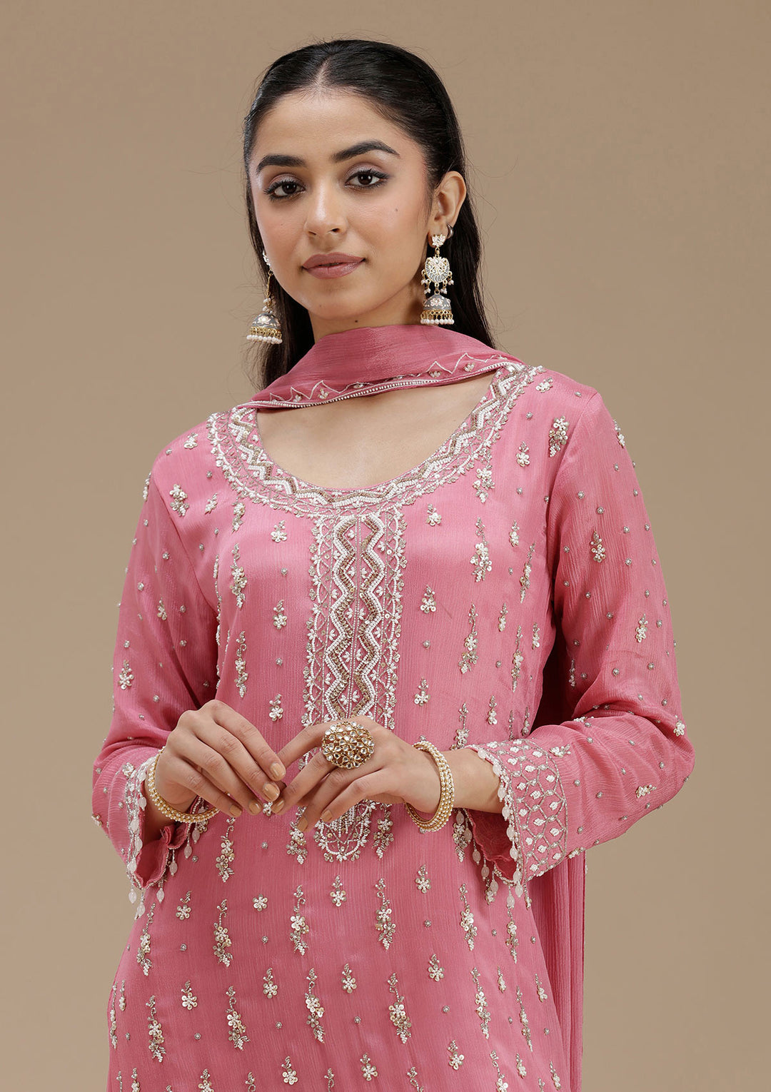 Pink Cutdana Crepe Readymade Salwar Suit