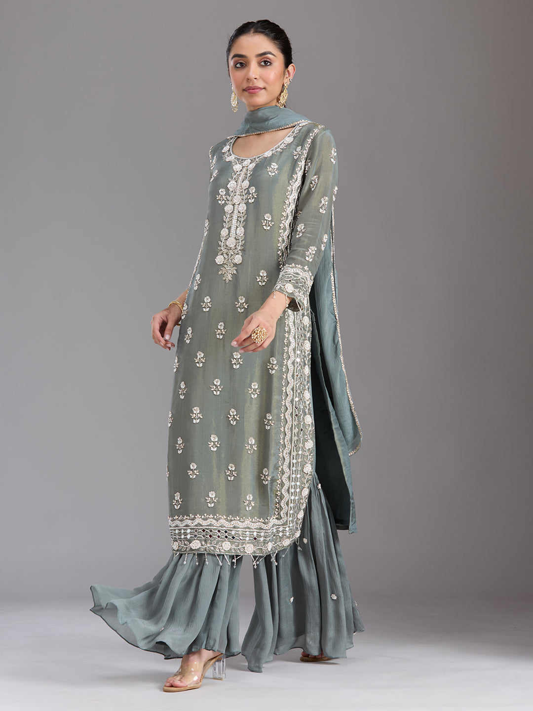Mehandi Green Cutdana Tissue Readymade Salwar Suit
