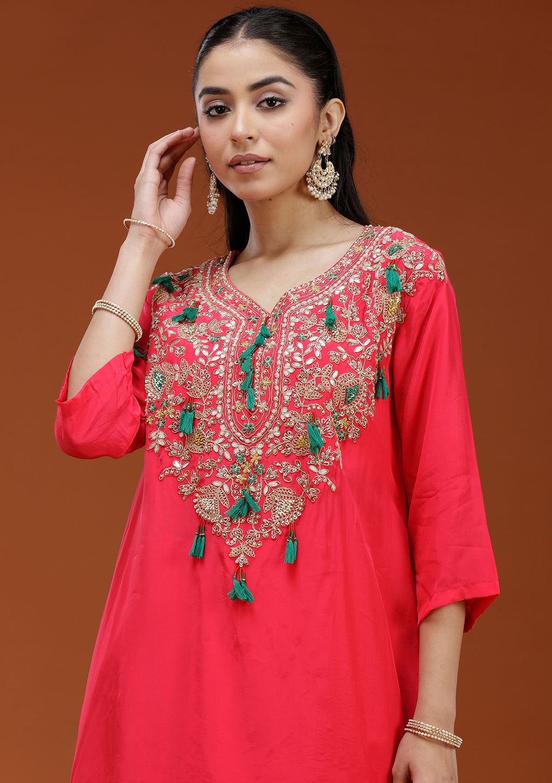 Pink Cording Satin Readymade Salwar Suit