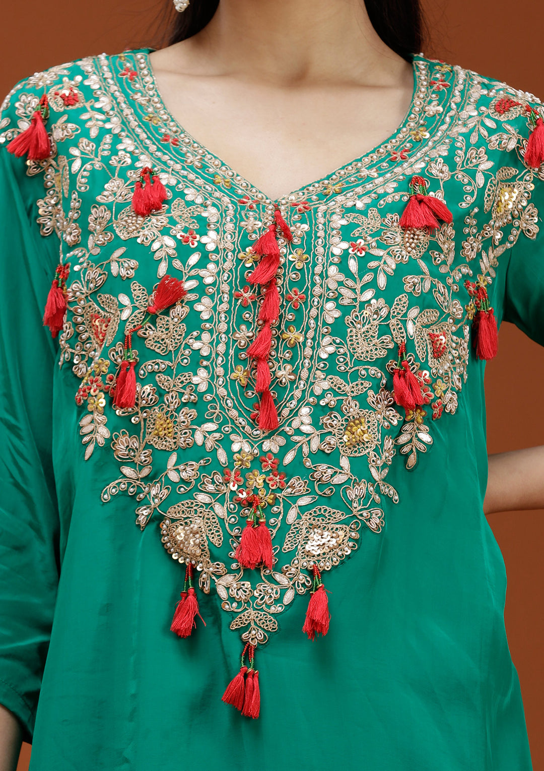 Rama Green Cording Satin Readymade Salwar Suit