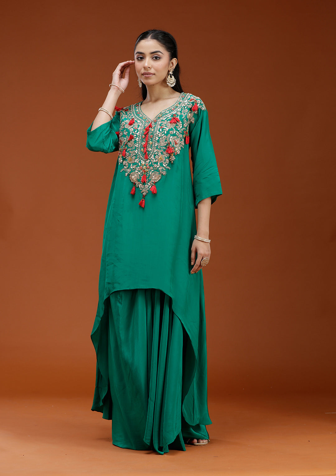 Rama Green Cording Satin Readymade Salwar Suit