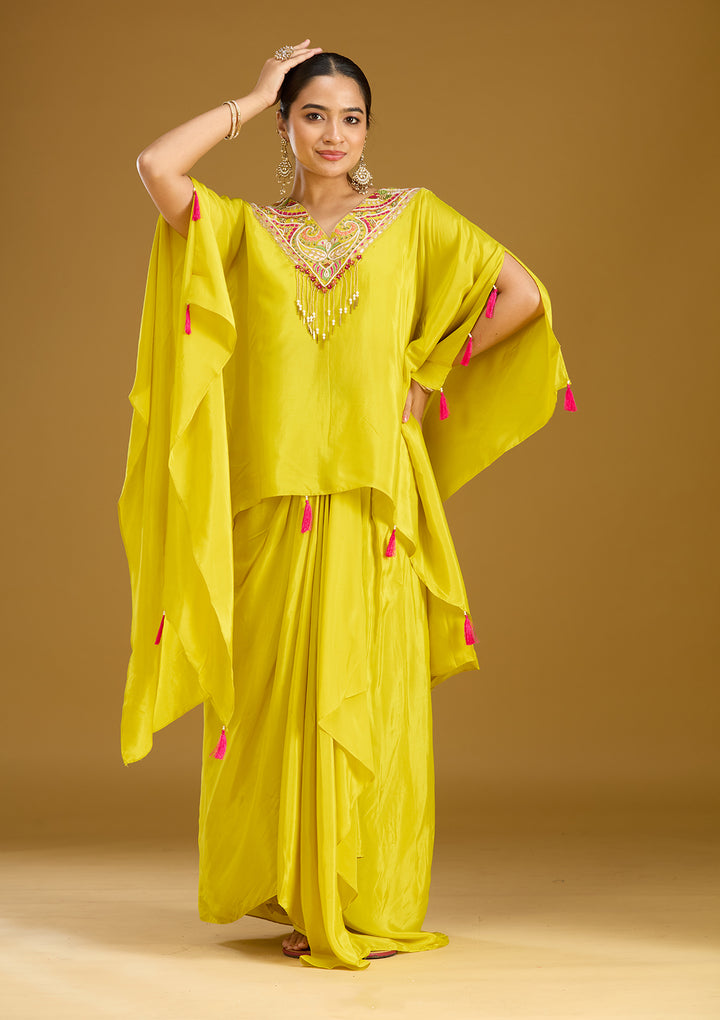 Yellow Threadwork Satin Readymade Salwar Suit