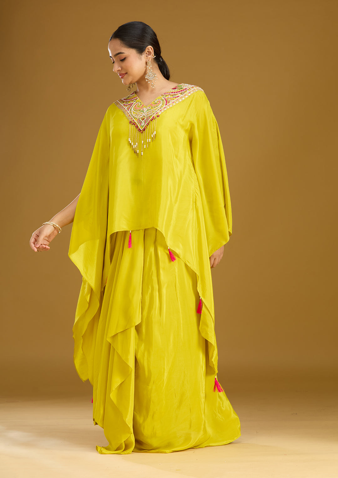 Yellow Threadwork Satin Readymade Salwar Suit