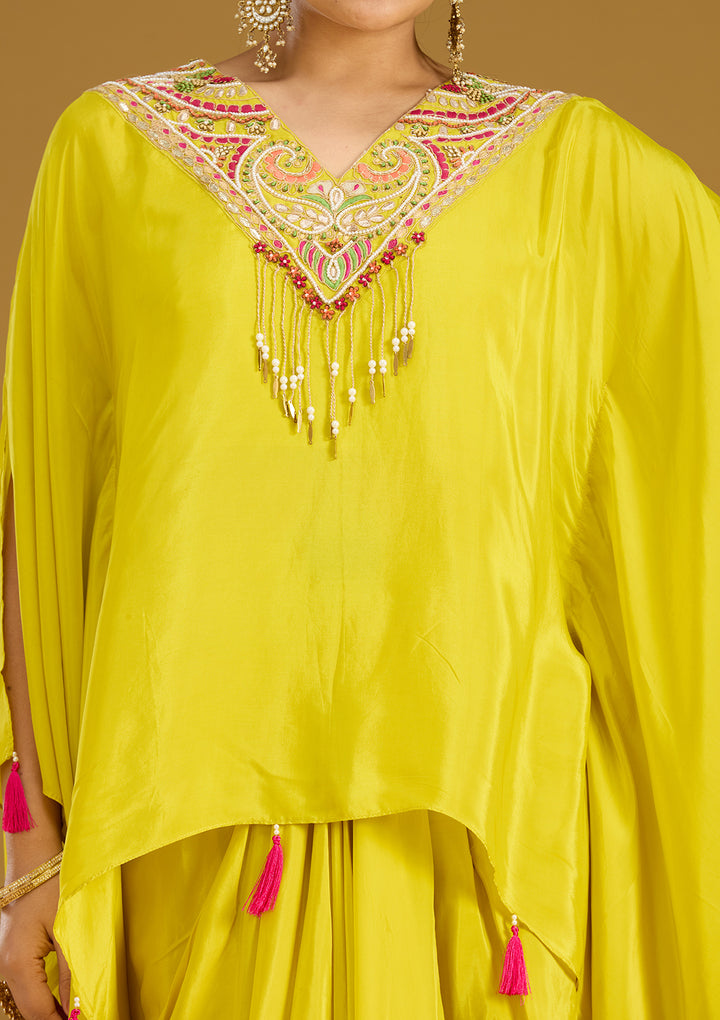 Yellow Threadwork Satin Readymade Salwar Suit