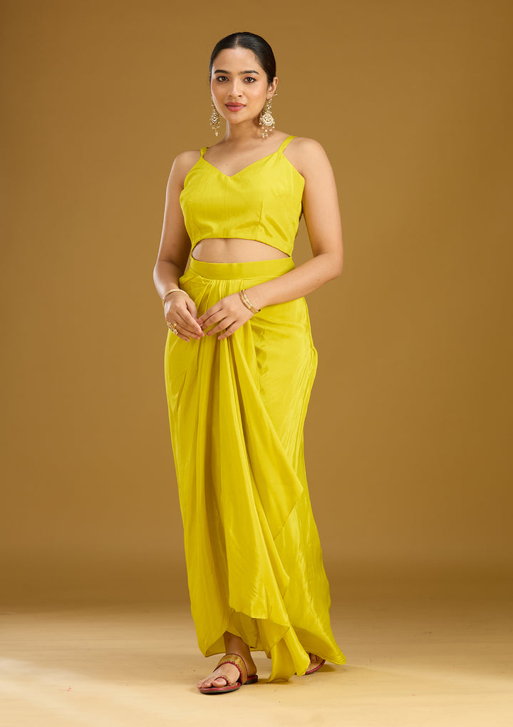 Yellow Threadwork Satin Readymade Salwar Suit