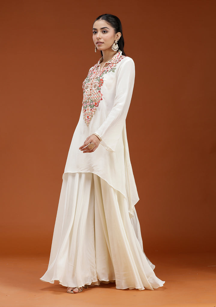 Off White Threadwork Satin Readymade Salwar Suit