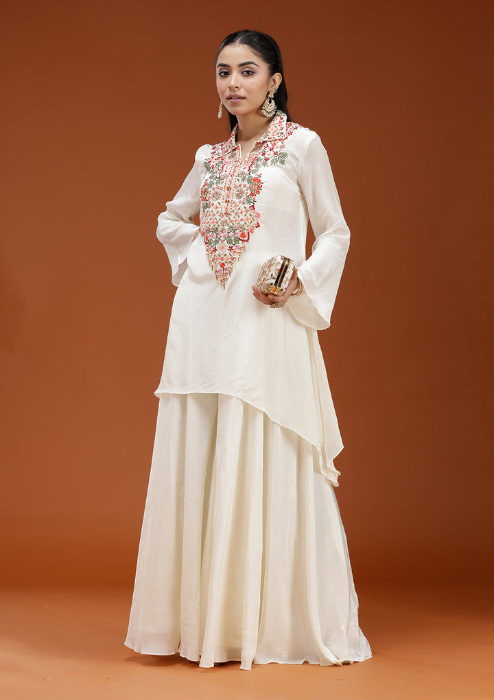 Off White Threadwork Satin Readymade Salwar Suit
