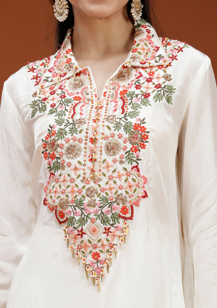 Off White Threadwork Satin Readymade Salwar Suit