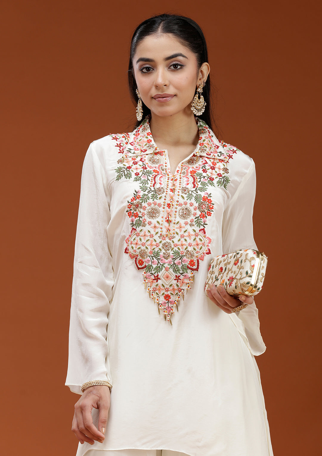 Off White Threadwork Satin Readymade Salwar Suit