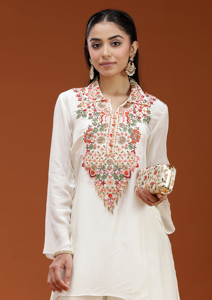 Off White Threadwork Satin Readymade Salwar Suit