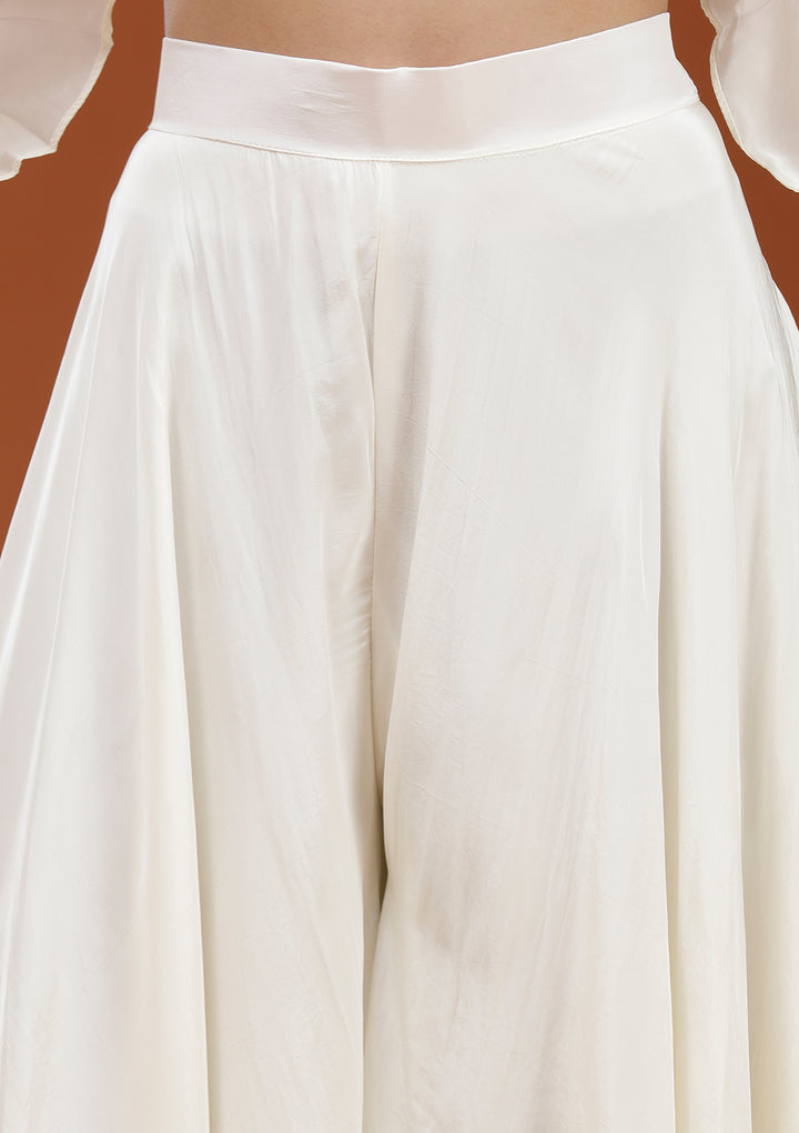 Off White Threadwork Satin Readymade Salwar Suit