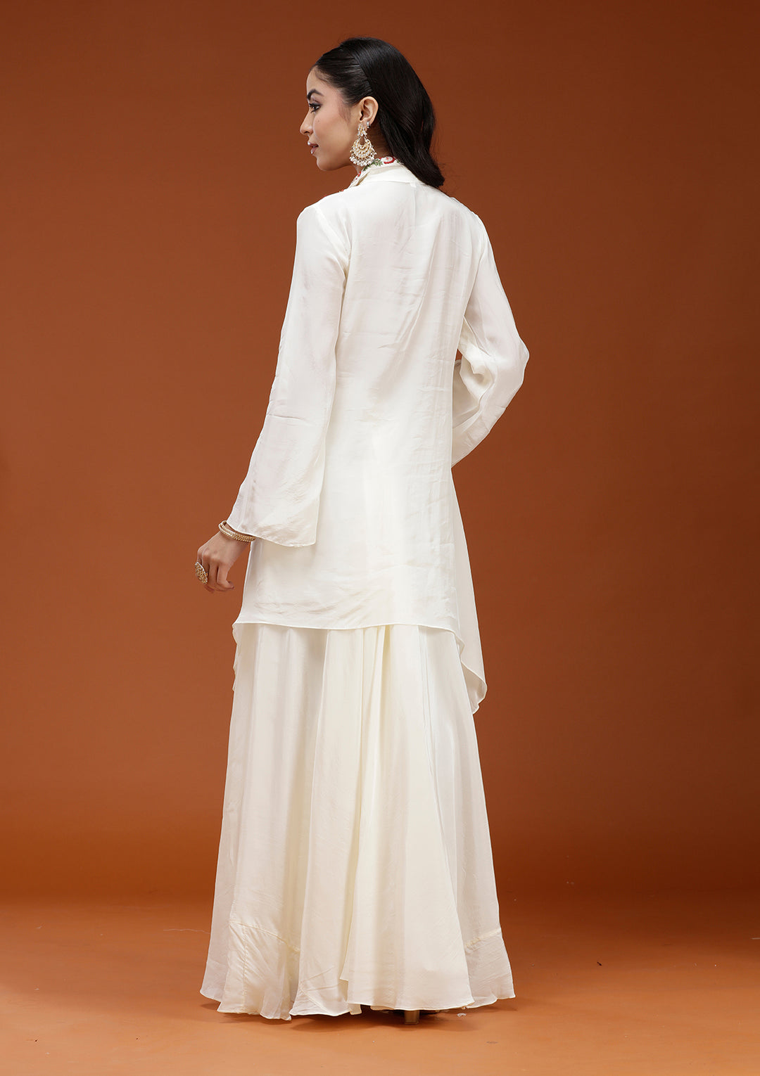 Off White Threadwork Satin Readymade Salwar Suit