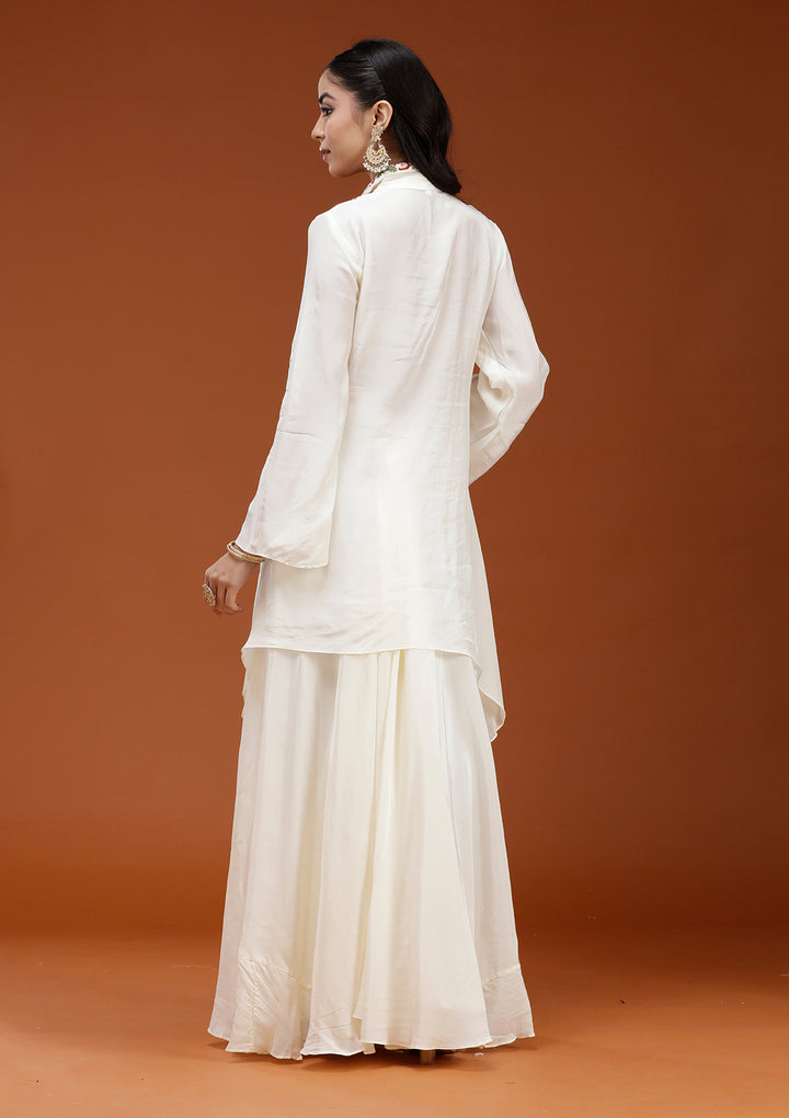 Off White Threadwork Satin Readymade Salwar Suit