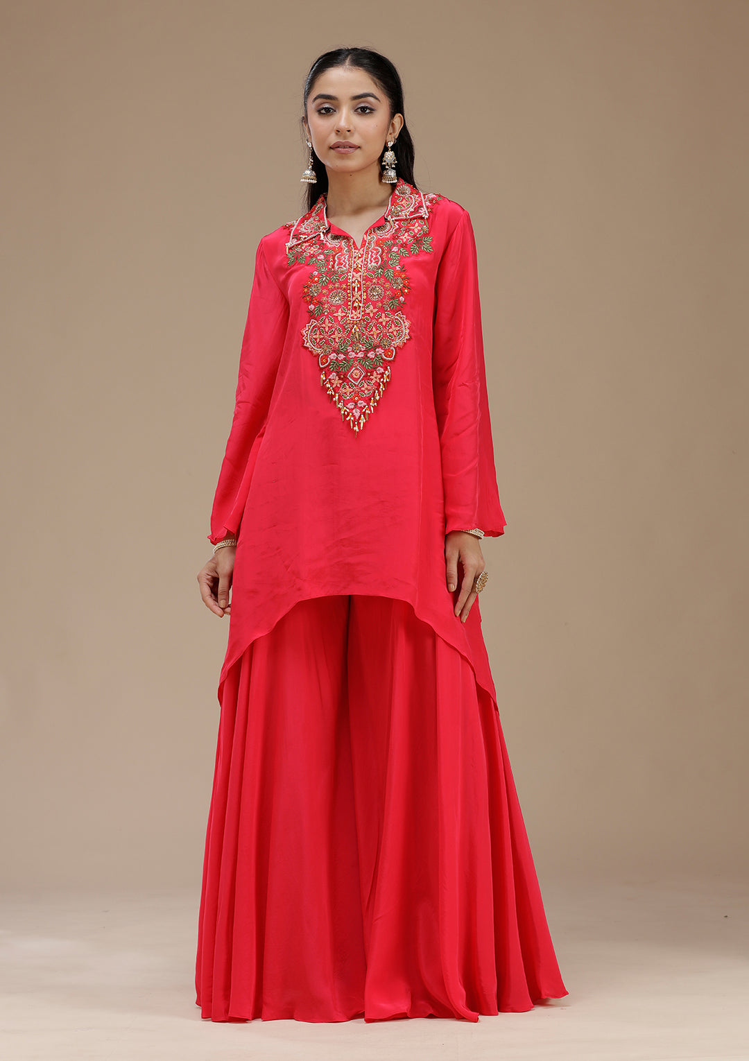 Rani Pink Satin Threadwork High Low Kurta With Palazzo And Dupatta