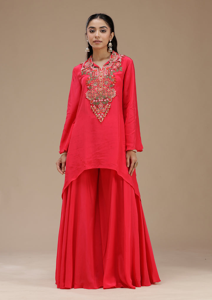 Rani Pink Satin Threadwork High Low Kurta With Palazzo And Dupatta