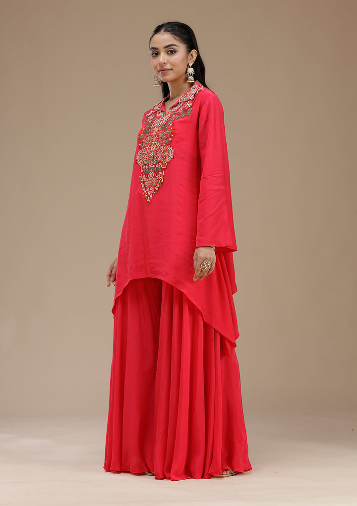 Rani Pink Satin Threadwork High Low Kurta With Palazzo And Dupatta