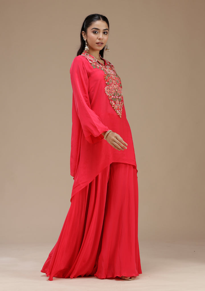 Rani Pink Satin Threadwork High Low Kurta With Palazzo And Dupatta