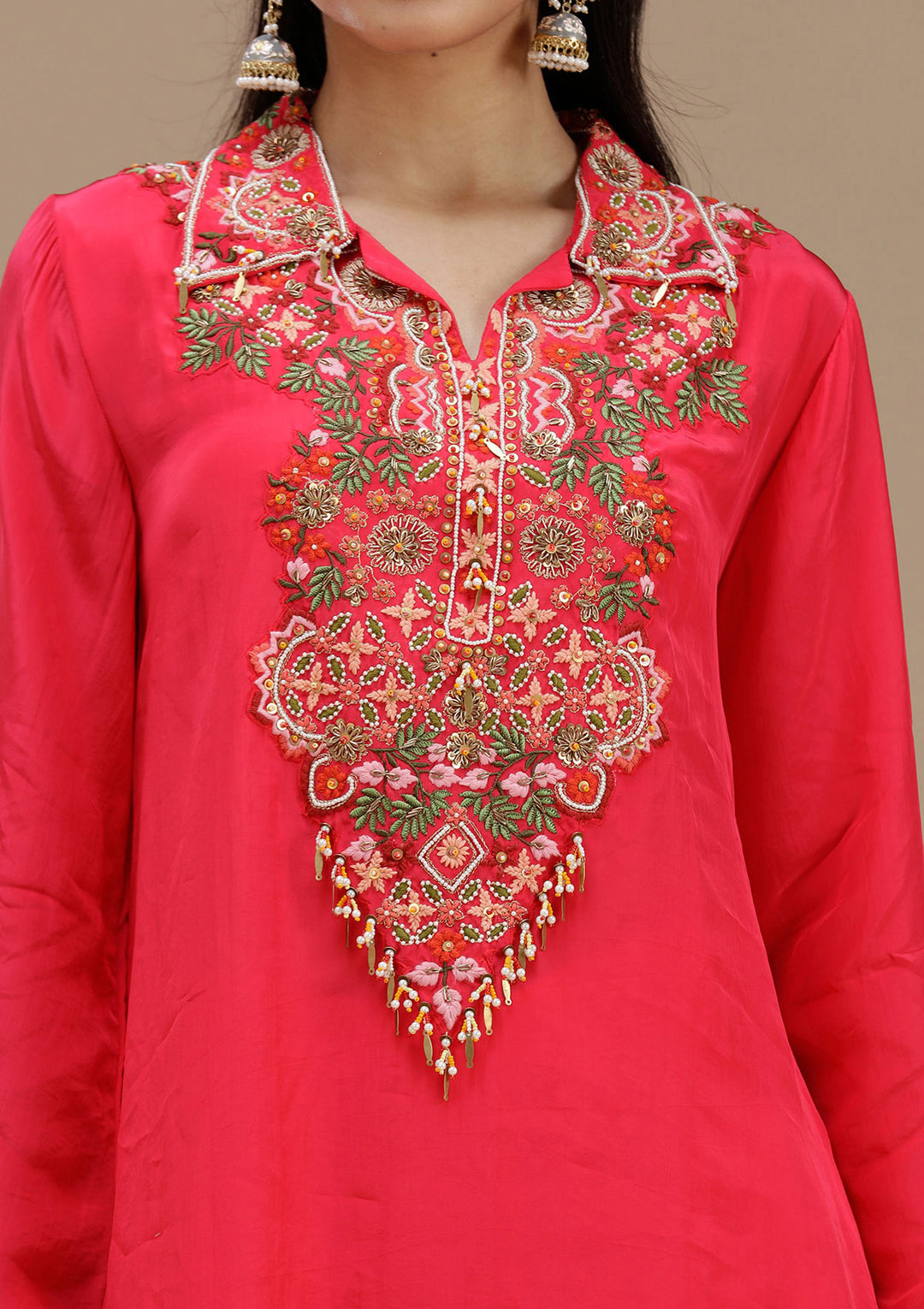 Rani Pink Satin Threadwork High Low Kurta With Palazzo And Dupatta