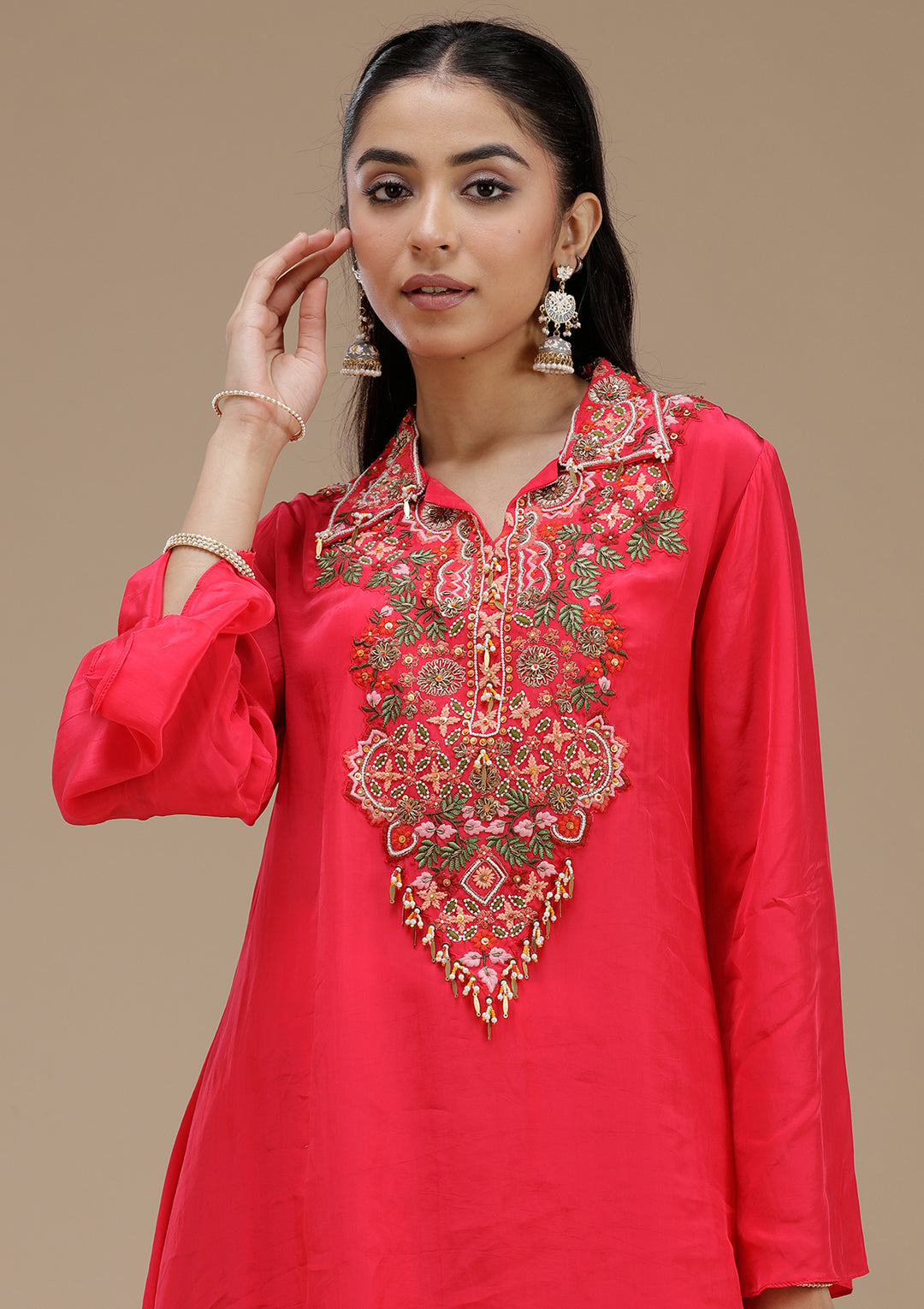 Rani Pink Satin Threadwork High Low Kurta With Palazzo And Dupatta