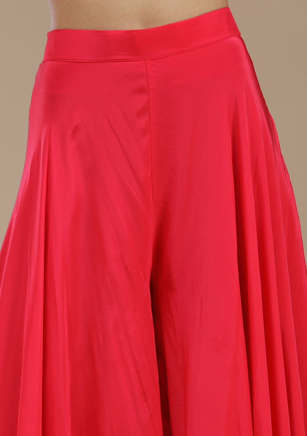 Rani Pink Satin Threadwork High Low Kurta With Palazzo And Dupatta