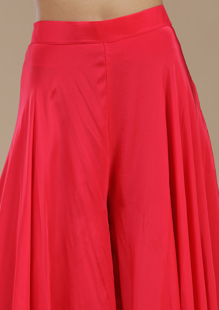 Rani Pink Satin Threadwork High Low Kurta With Palazzo And Dupatta