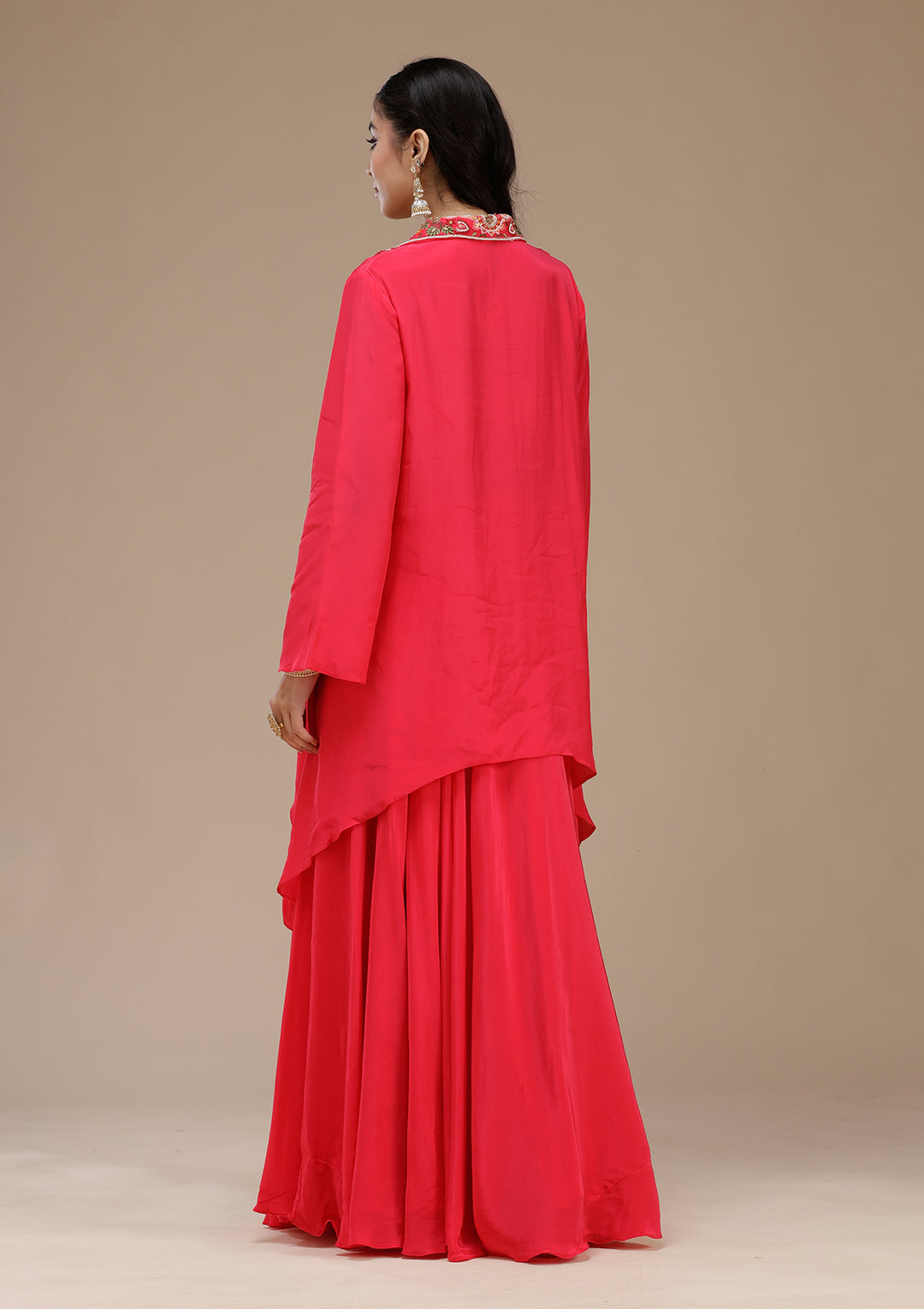 Rani Pink Satin Threadwork High Low Kurta With Palazzo And Dupatta