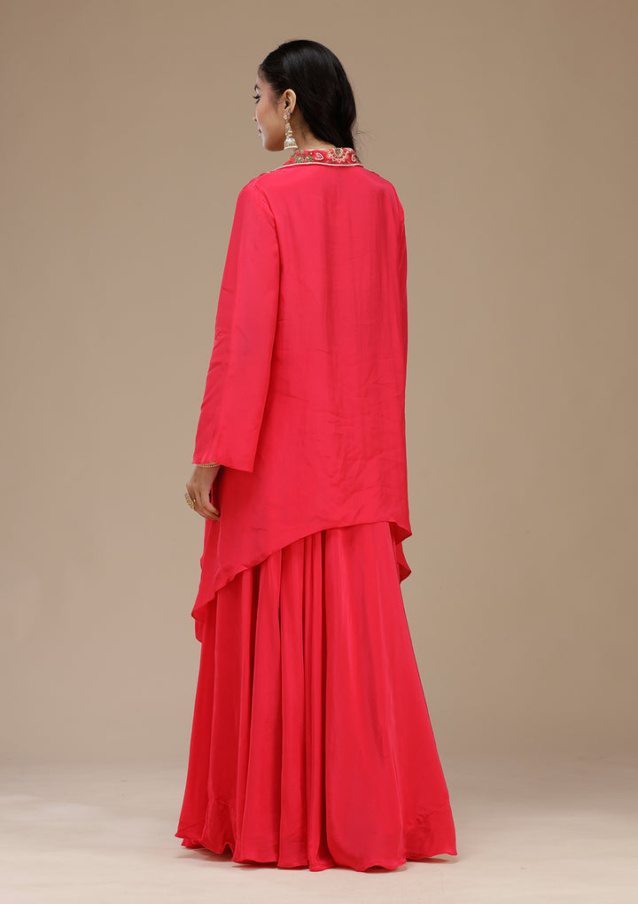 Rani Pink Satin Threadwork High Low Kurta With Palazzo And Dupatta