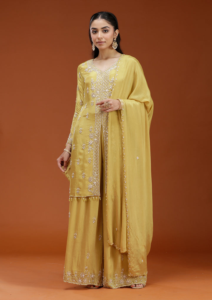 Yellow Cutdana Crepe Readymade Salwar Suit