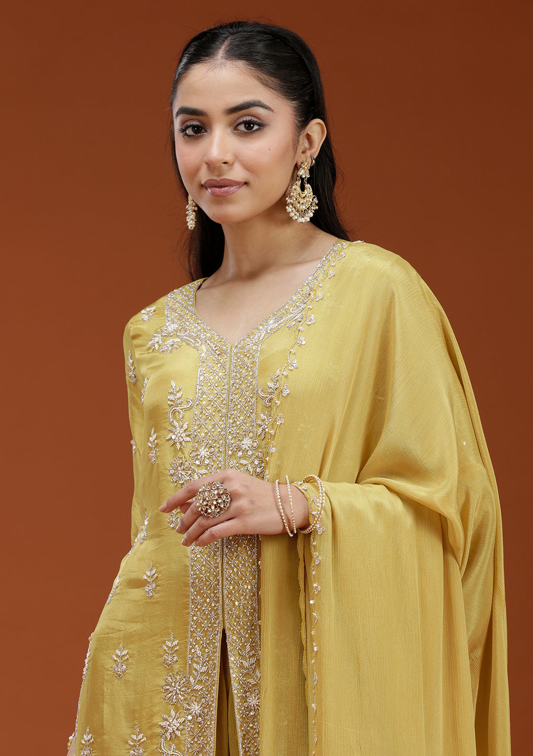 Yellow Cutdana Crepe Readymade Salwar Suit