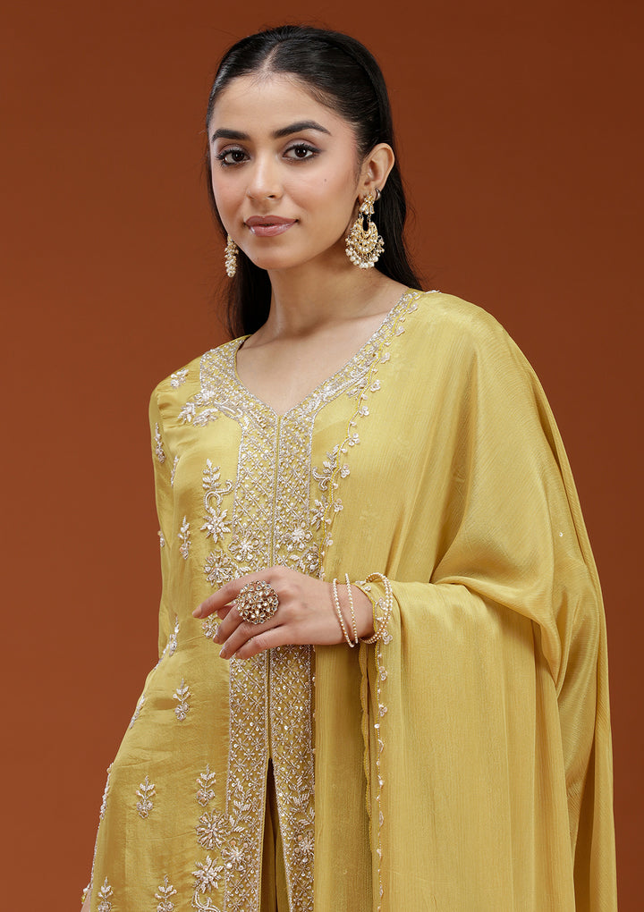 Yellow Cutdana Crepe Readymade Salwar Suit