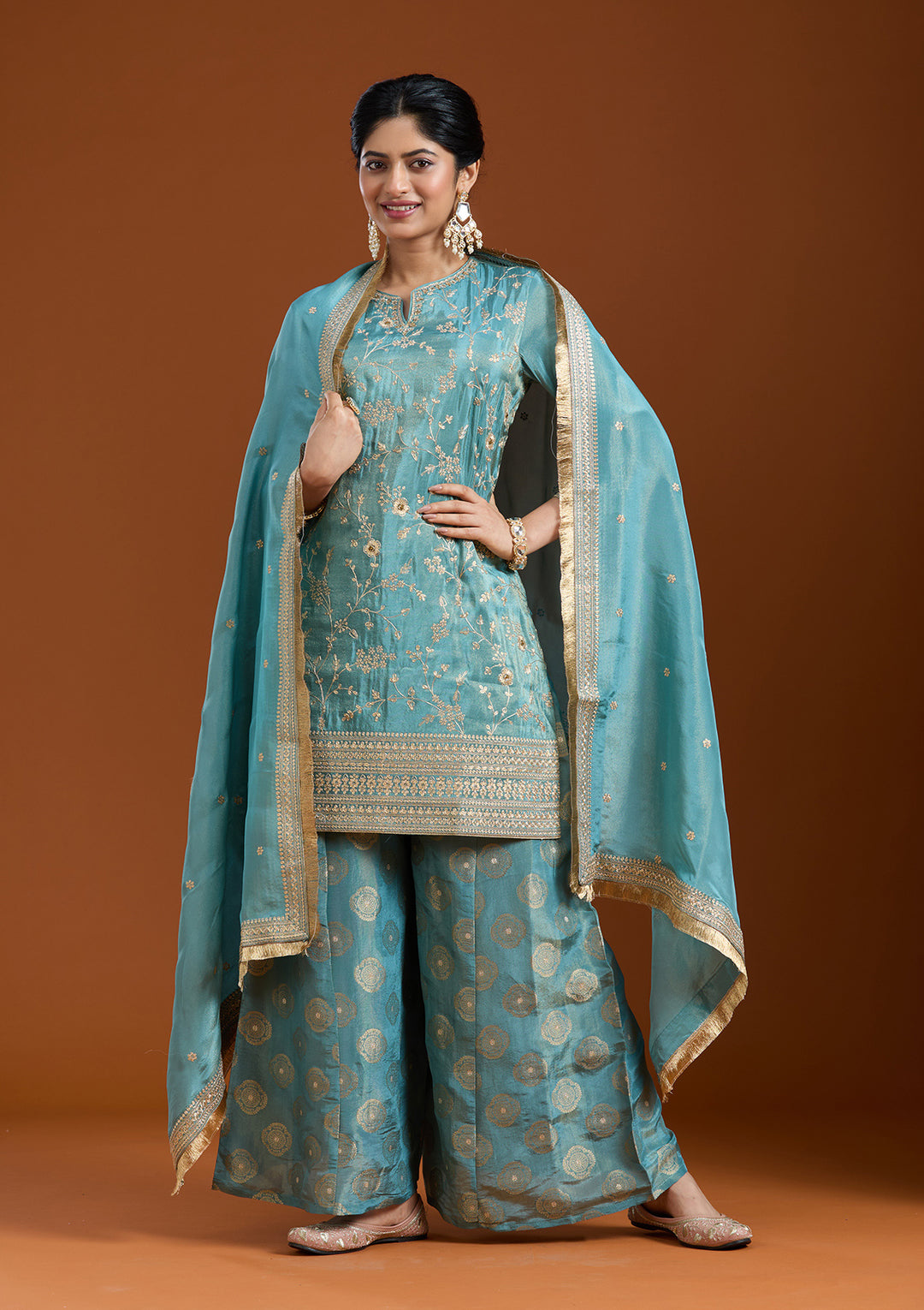 Turquoise Blue Chinon Gold Zariwork Straight Kurta With Sharara And Dupatta