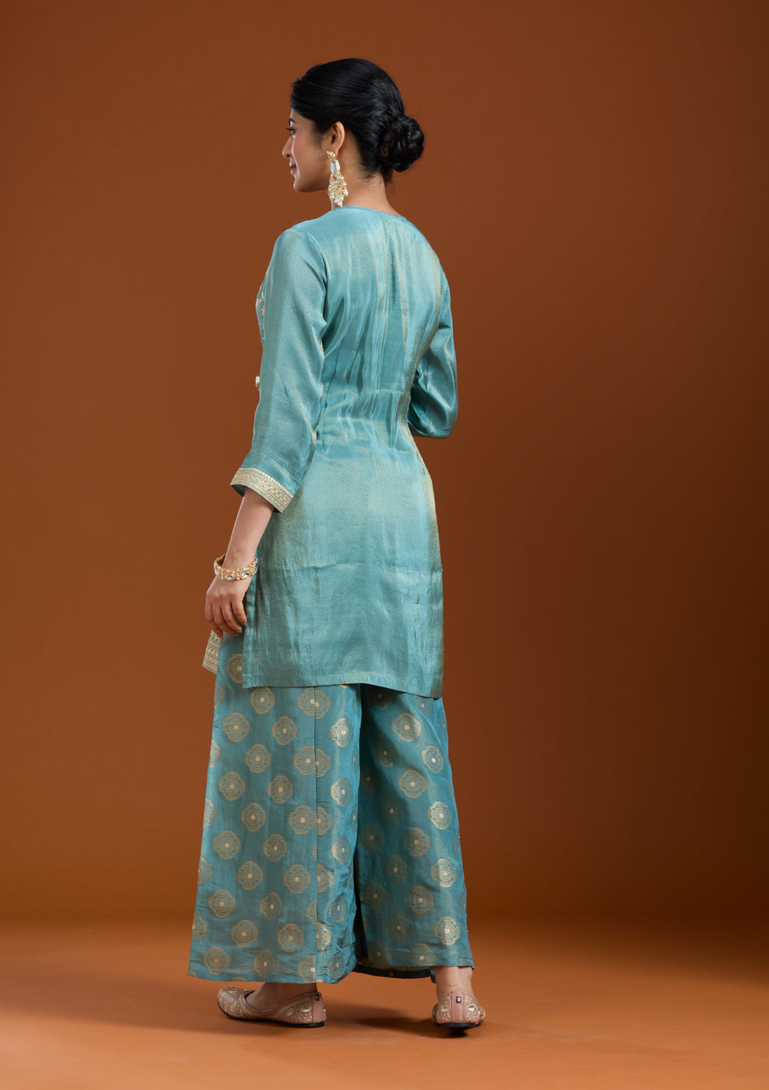 Turquoise Blue Chinon Gold Zariwork Straight Kurta With Sharara And Dupatta