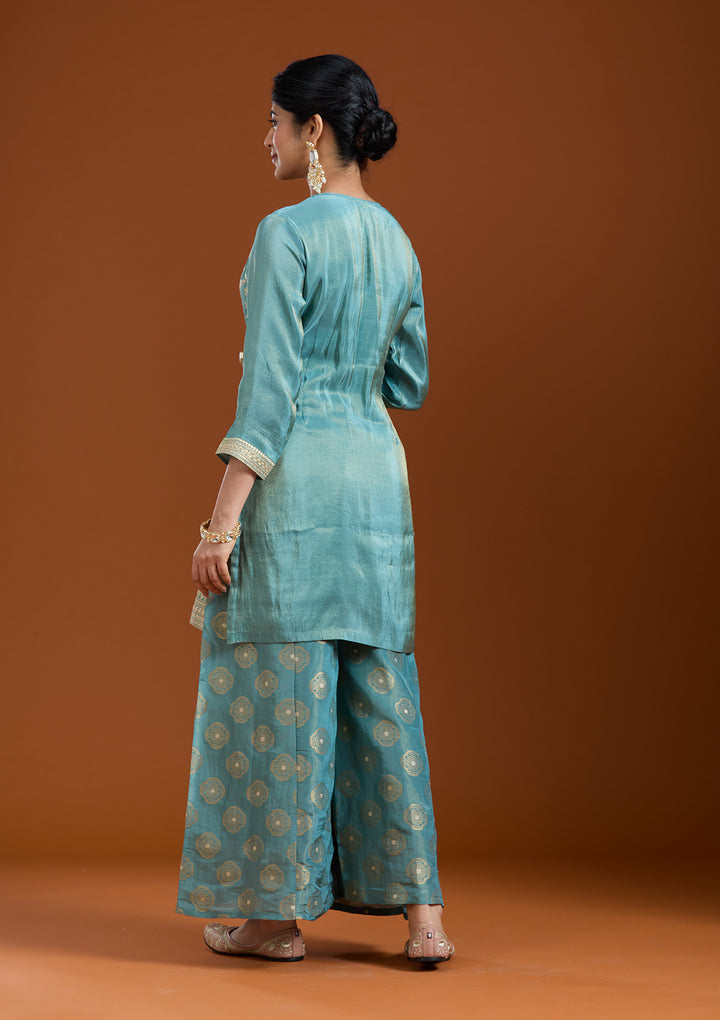 Turquoise Blue Chinon Gold Zariwork Straight Kurta With Sharara And Dupatta