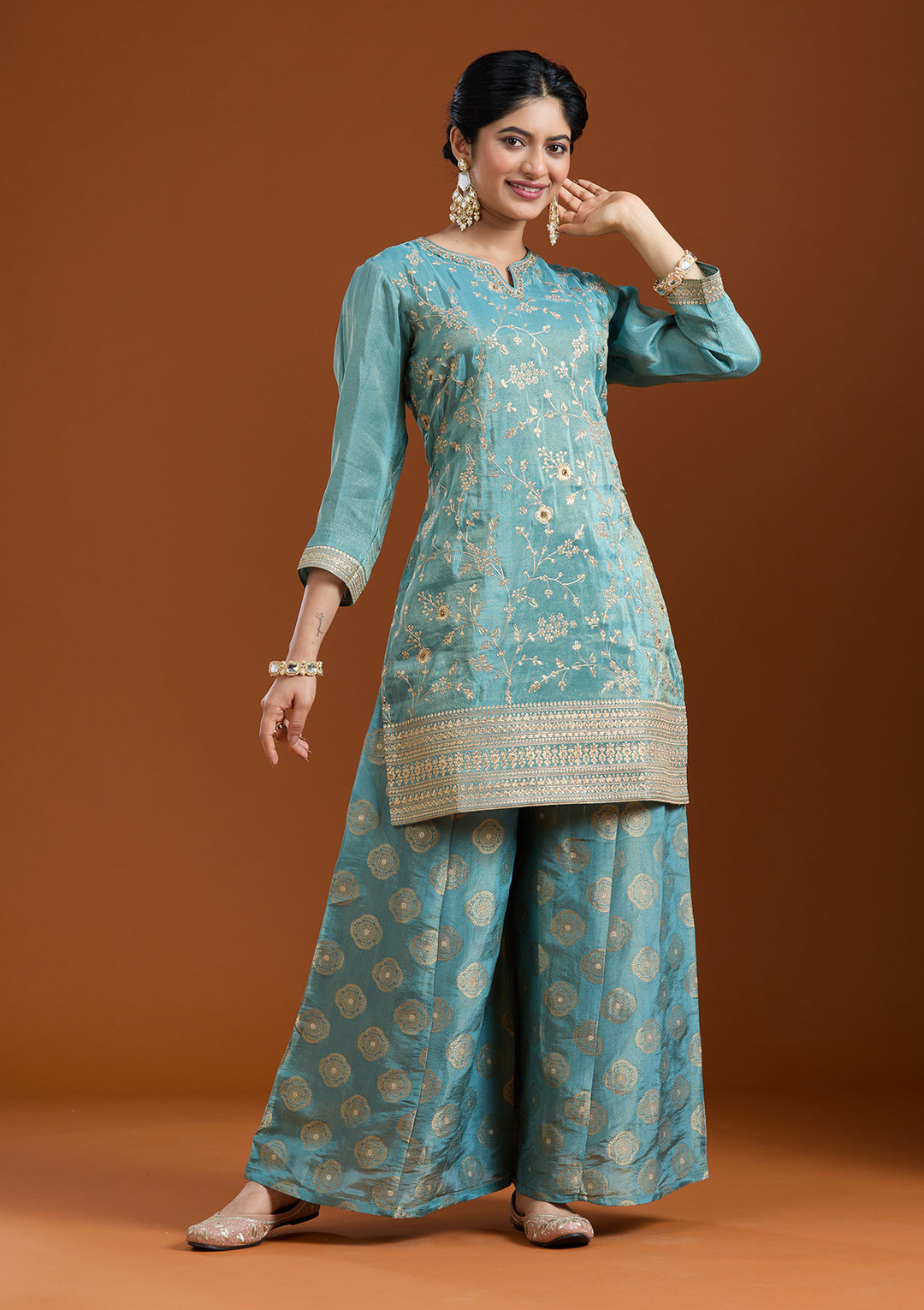 Turquoise Blue Chinon Gold Zariwork Straight Kurta With Sharara And Dupatta