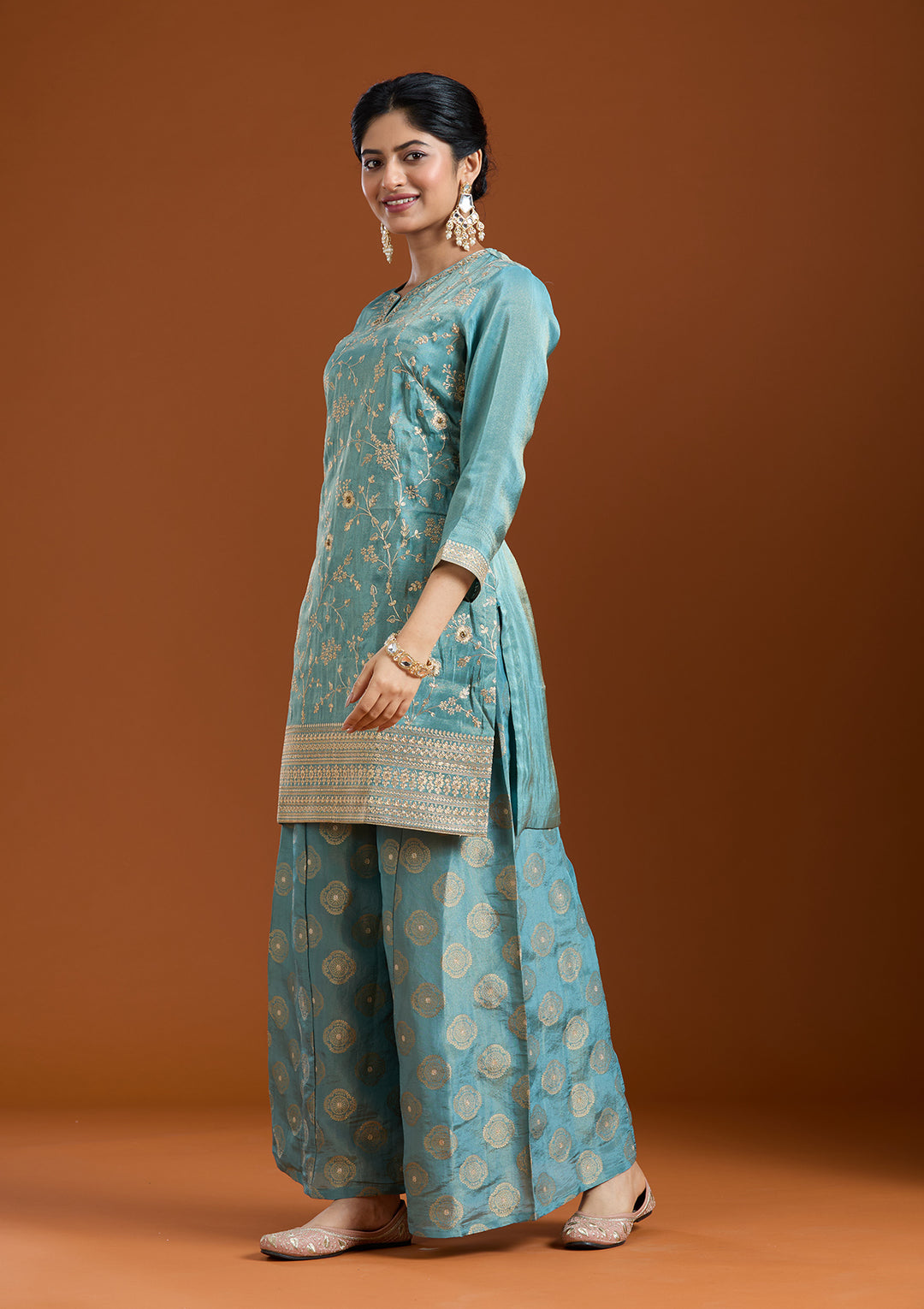 Turquoise Blue Chinon Gold Zariwork Straight Kurta With Sharara And Dupatta