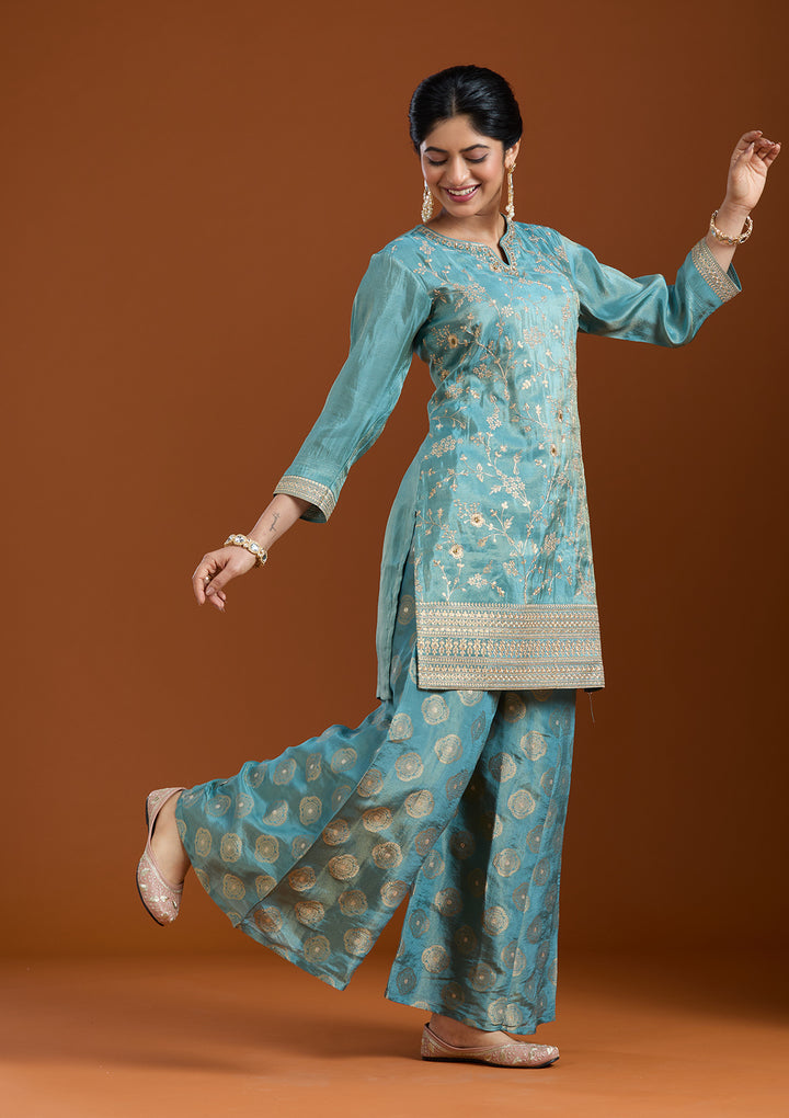 Turquoise Blue Chinon Gold Zariwork Straight Kurta With Sharara And Dupatta