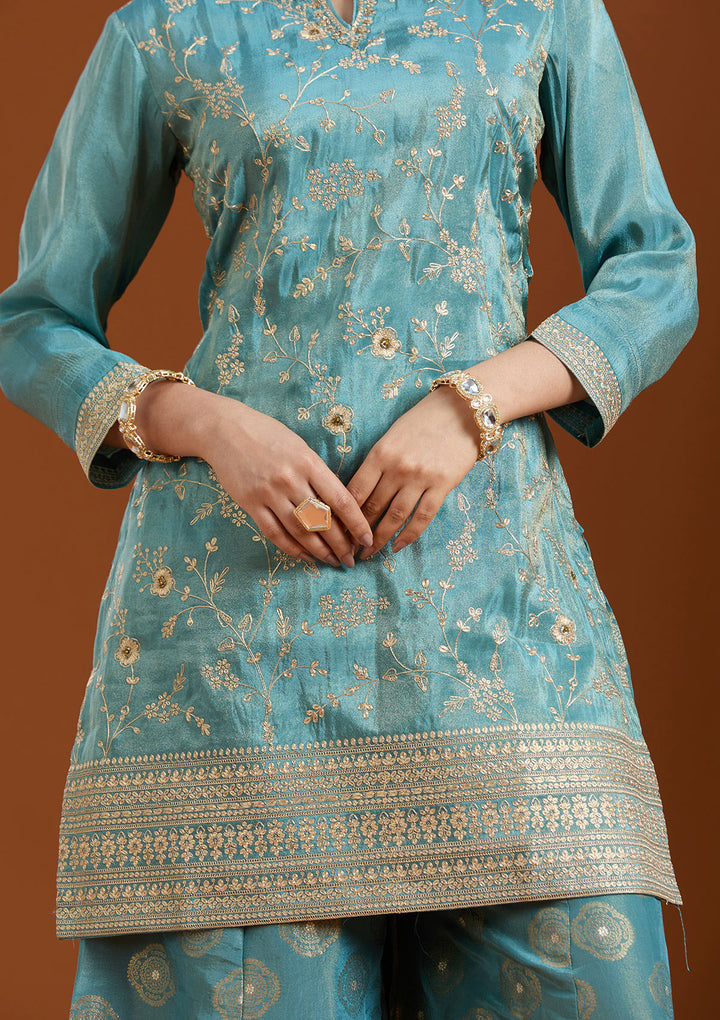 Turquoise Blue Chinon Gold Zariwork Straight Kurta With Sharara And Dupatta
