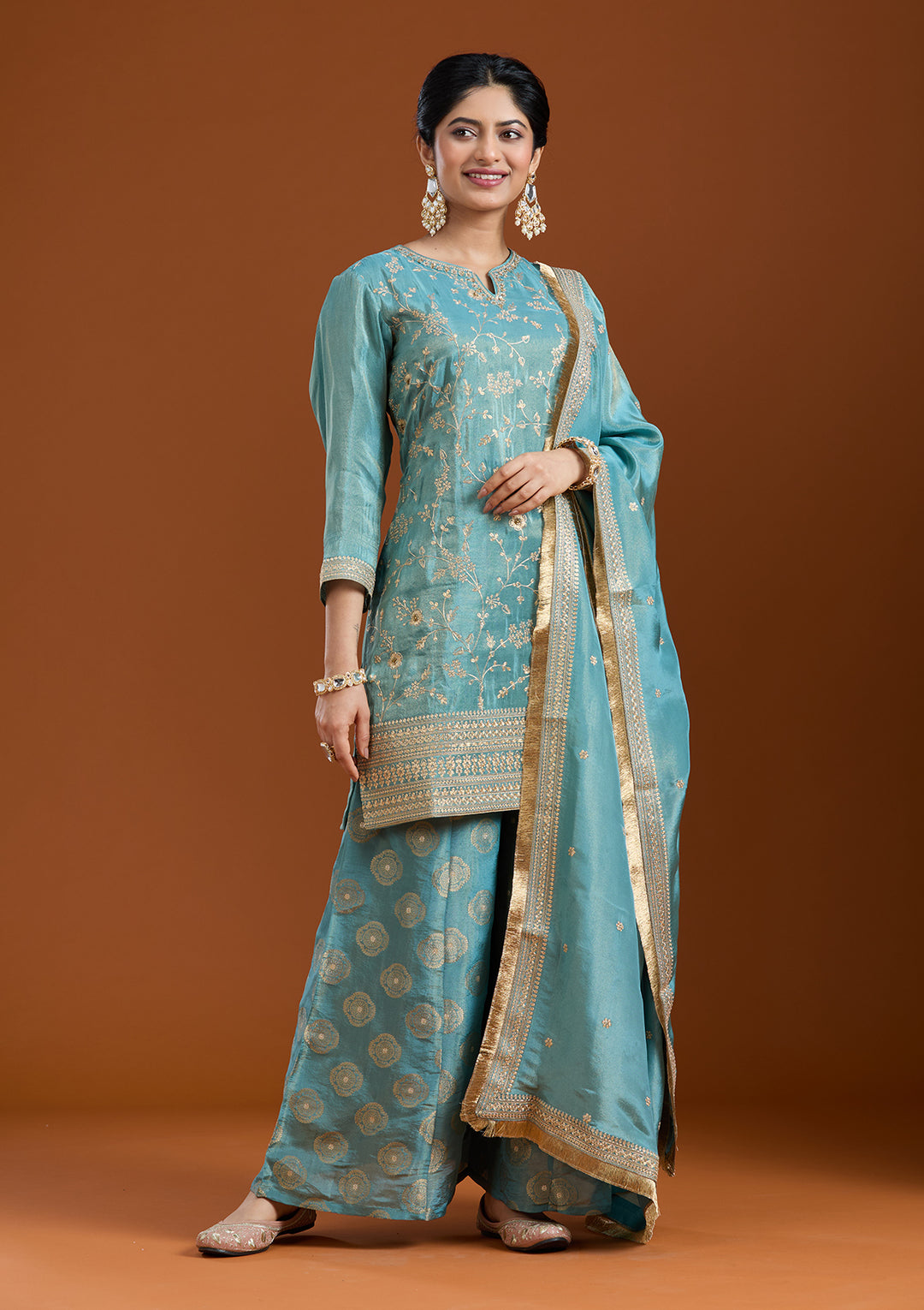 Turquoise Blue Chinon Gold Zariwork Straight Kurta With Sharara And Dupatta