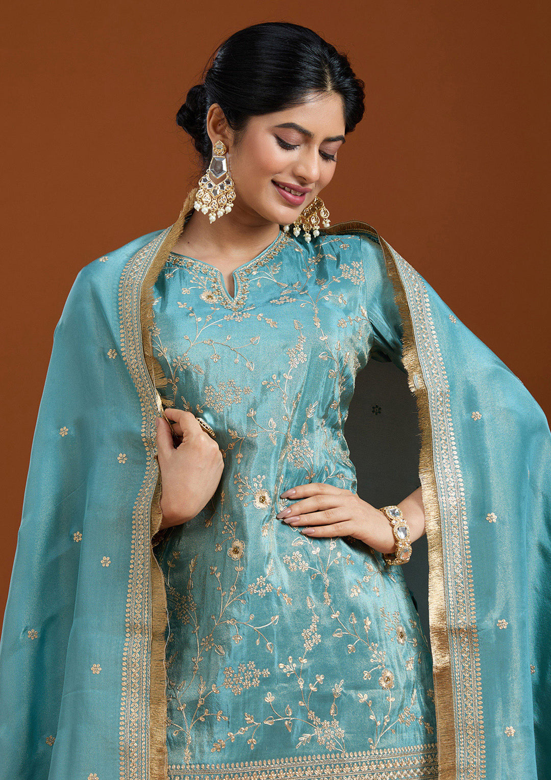 Turquoise Blue Chinon Gold Zariwork Straight Kurta With Sharara And Dupatta