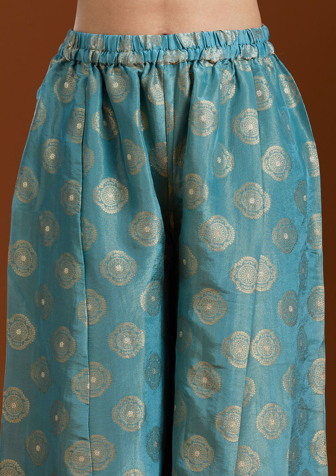 Turquoise Blue Chinon Gold Zariwork Straight Kurta With Sharara And Dupatta