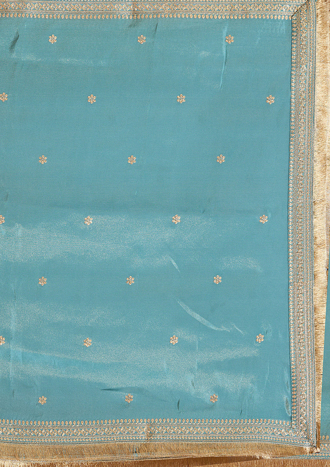 Turquoise Blue Chinon Gold Zariwork Straight Kurta With Sharara And Dupatta