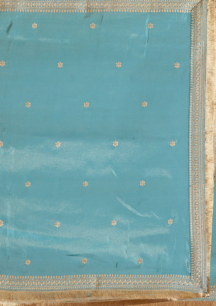 Turquoise Blue Chinon Gold Zariwork Straight Kurta With Sharara And Dupatta