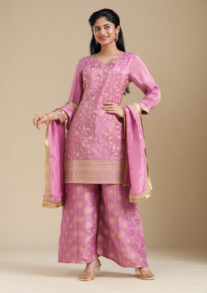 Dark Onion Pink Pitawork Tissue Readymade Salwar Suit
